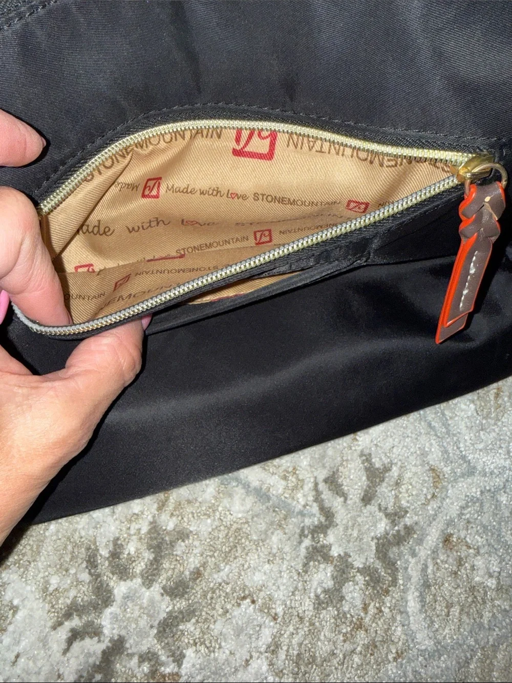 Stone Mountain Black Crossbody Bag with Red-orange and gold Trim Accents. New!